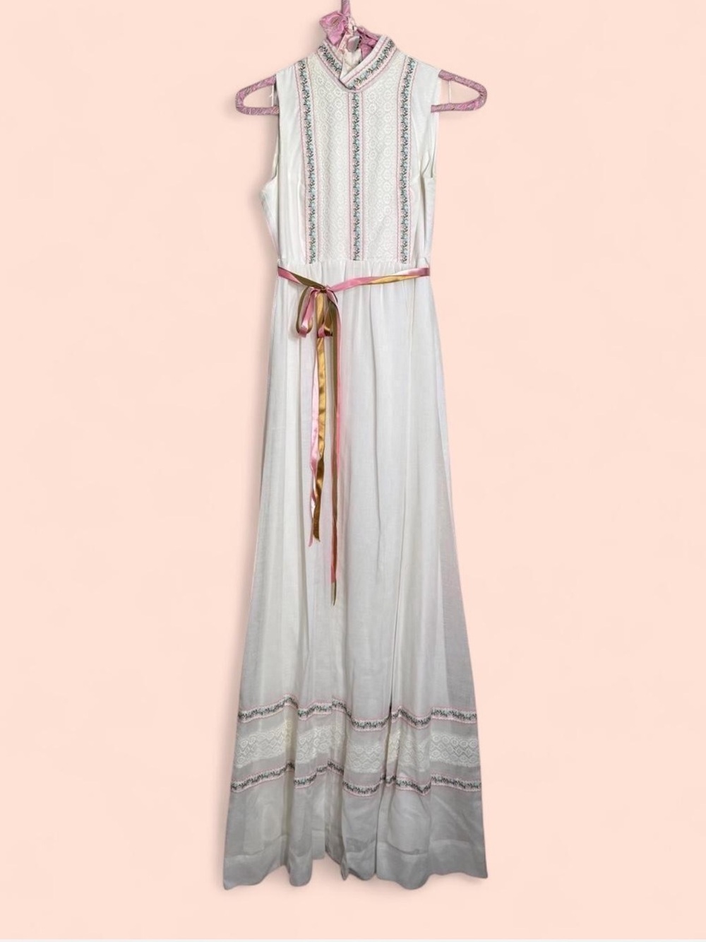 True-Vintage Authentic 1970s Maxi Prairie Dress Handmade with Lace & Ribbons XS
